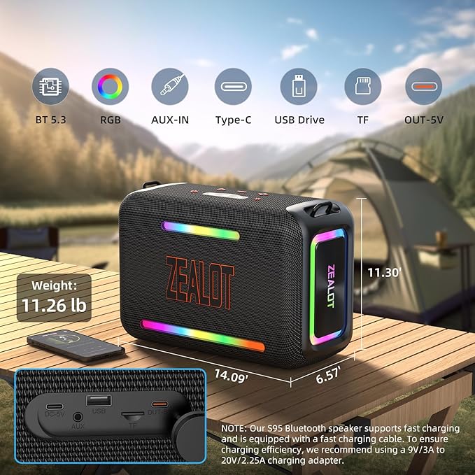 ZEALOT 120W Bluetooth Speaker, Wireless Speakers IPX6 Waterproof Loud Bluetooth Subwoofer Speaker with LED Light, 40H Playtime, Custom EQ, Portable Wireless Stereo Paired Speakers for Outdoor, Party