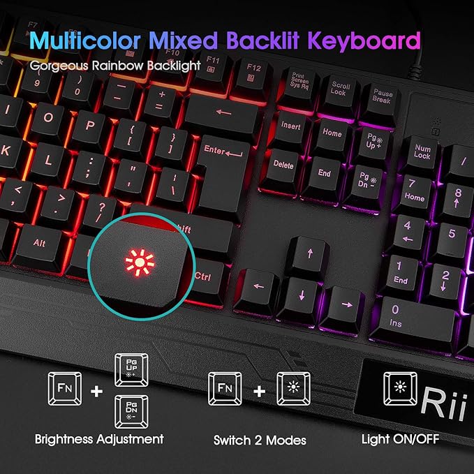 Rii Gaming Keyboard and Mouse Combo,USB Wired,104 Keys RGB LED Backlit Keyboard with Wrist Rest for PC/Laptop (Black)