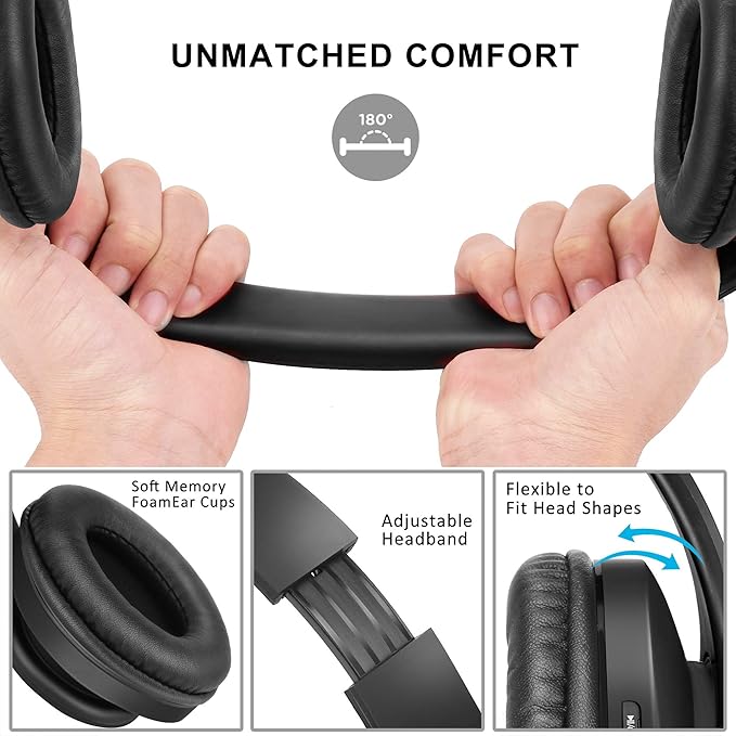 ZIHNIC Bluetooth Headphones Over-Ear, Foldable Wireless and Wired Stereo Headset Micro SD/TF, FM for Cell Phone,PC,Soft Earmuffs &Light Weight for Prolonged Wearing (Black)