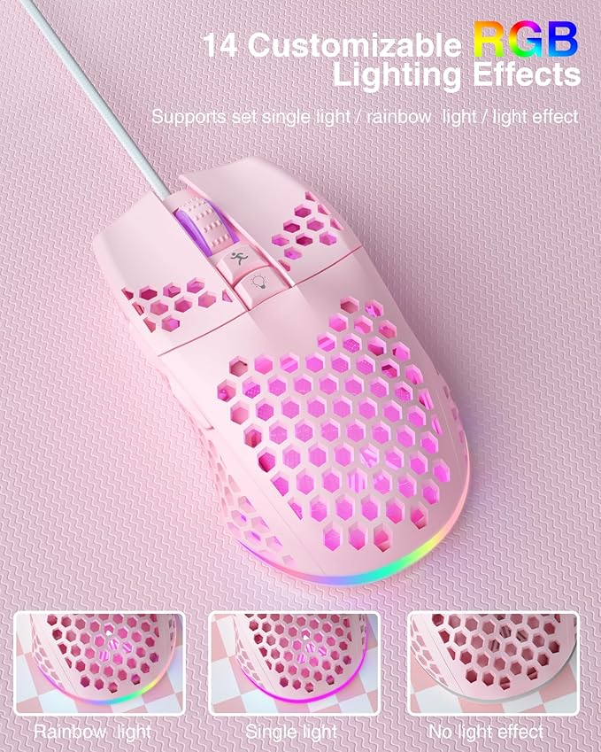 SM900 Pink Wired Gaming Mouse with Honeycomb Shell,12800 DPI,7 Programmable Buttons,Lightweight Gaming Mice Ergonomic Computer Mouse Gaming for Windows/PC/Mac/Laptop Gamer