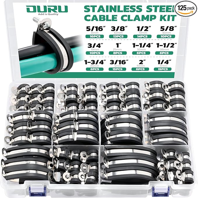 125PCS Cable Clamp,12 Sizes Stainless Steel Rubber Coated Cushioned Insulated Cable Clamps Assortment Kit-Metal Wire Clamps,Cable Clips,Pipe Clamps