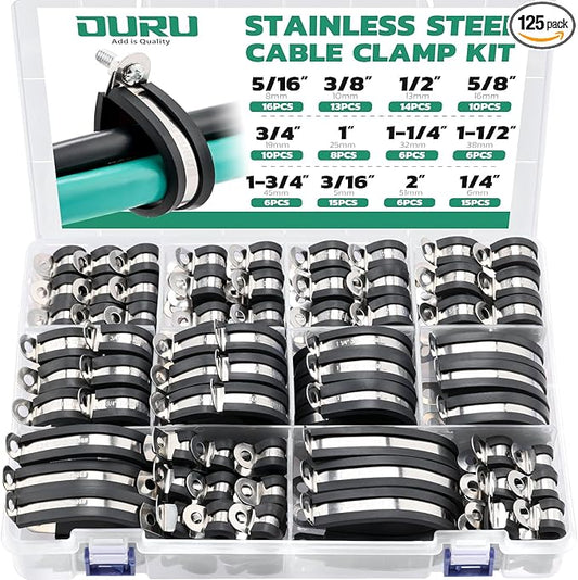 125PCS Cable Clamp,12 Sizes Stainless Steel Rubber Coated Cushioned Insulated Cable Clamps Assortment Kit-Metal Wire Clamps,Cable Clips,Pipe Clamps