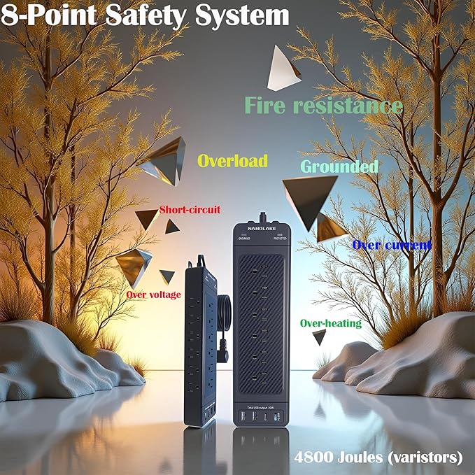 Surge Protector Power Strip Heavy Duty 10 ft Cord High Joules Protection (4800J)/18AC outlets/USBs (2A+2C PD20W)/1875W/15A,Flat Plug,Commercial,Industrial,Office,Home,College,Black,Insurance Coverage