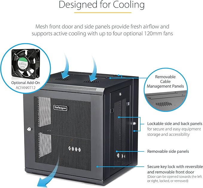StarTech.com 4-Post 12U Wall Mount Network Cabinet with 1U Shelf, 19in Wall-Mounted Server Rack Kit, Up to 16in Mounting Depth, Ships Fully Assembled