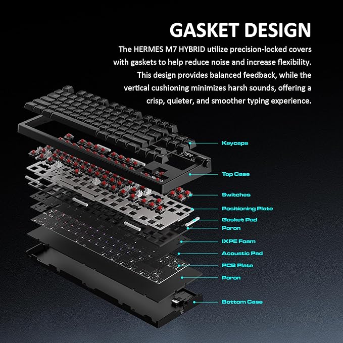 GAMDIAS Hermes M7 Gasket Gaming Keyboard, 80% Hot-Swappable Linear Switches w/RGB Backlit&Knob, 3 Mode BT/2.4G/Wired, 5-Layer Padding Gasket Structure, Software Customizable Digital Display, Black