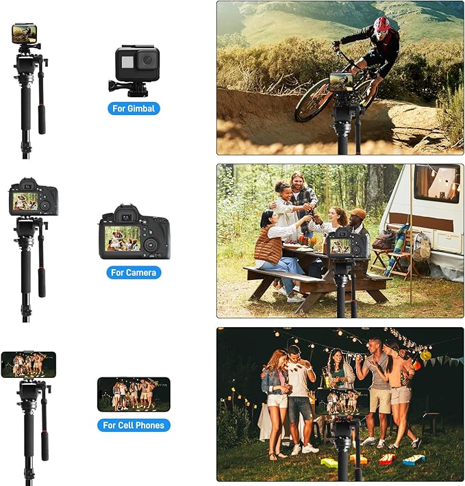 GVM Tripod for Camera 74.8" Tall Camera Tripod Monopod, Professional Heavy Duty Compact Camera Stand for Phone Adjustable Multi-Angle Shot for Video Recording DSLR, Spotting Scope Telescope Binocular