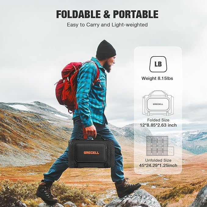 GRECELL 80W Foldable Solar Panel, Portable Solar Charger with USB-A and USB-C QC3.0 (18W) IP67 Waterproof Outdoor Cell Phone Solar Charger for Power Banks Tablets Small Power Station