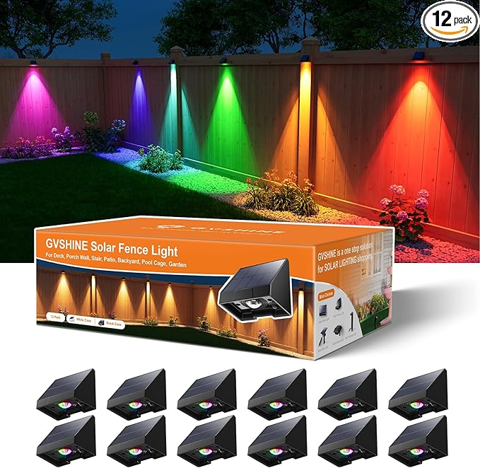 12 Pack Color Changing Solar Powered Fence Light Outdoor Decoration LED Waterproof Landscape Sconce for Exterior Stair, Terrace, Handrail, Patio, Enclosures, Mailbox, Backyard, Easy 1-Min Installation