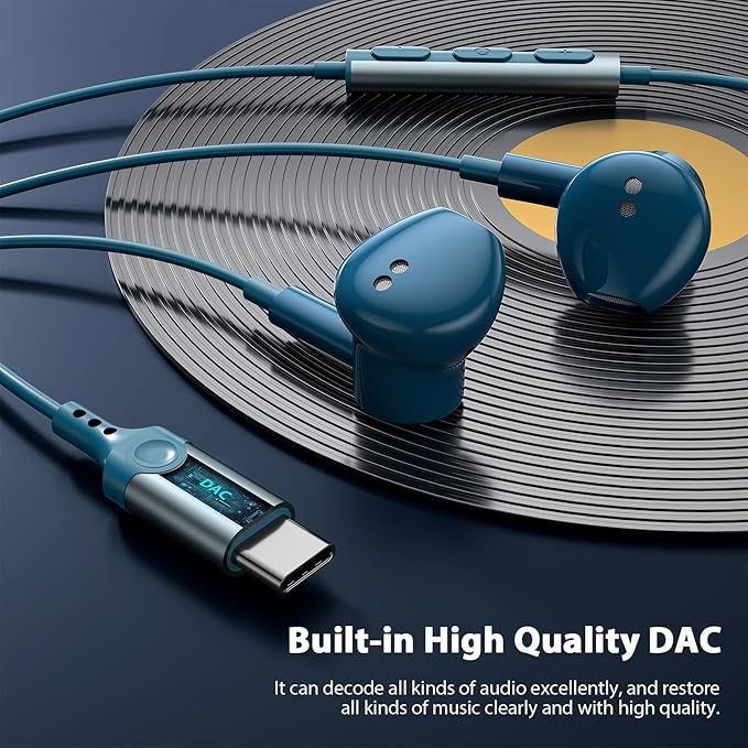 USB C Headphones for iPhone 17 Pro Max 16e 16 15 Plus, Type C Headphone Wired Earbuds with Mic HiFi Magnetic Sport Earphone for iPad mini Pro Air Samsung Flip5 Fold6 A55 Galaxy S25 S24 S23 OnePlus 9