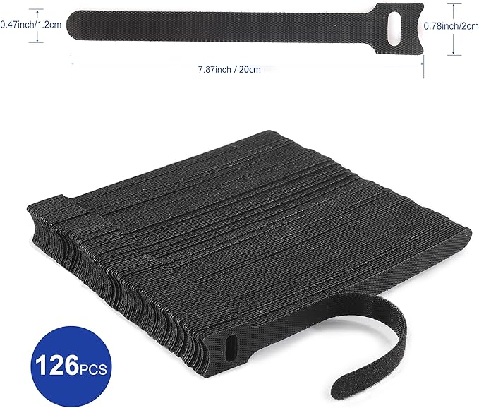Reusable Cable Ties, 126 PCS 8 Inches Adjustable Cord Straps Wire Organizer Cord Wrap and Hook Loop Cable Management