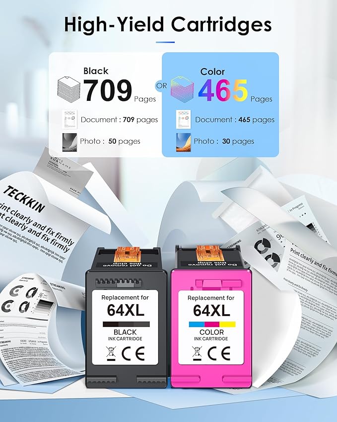64XL Ink Cartridges Combo Pack Replacement for HP Ink 64 64XL Works for Envy Photo 7855 7858 7155 7120 6222 6252 6255 6258 7158 7164 7864 Works for HP Tango/Tango X Printer (1 Black, 1 Tri-Color)