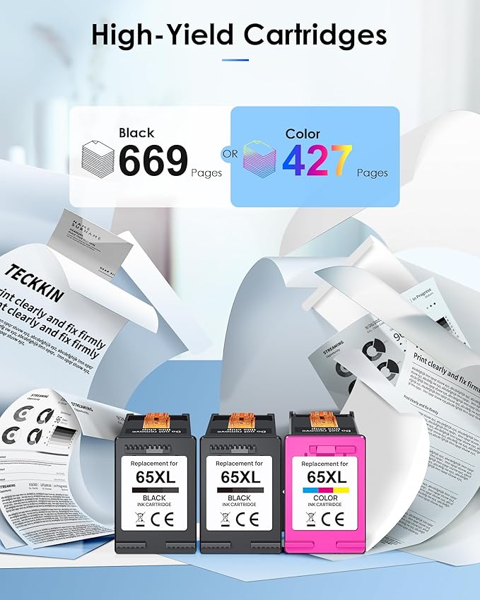 65XL Ink Cartridges Black/Color Combo Pack (3 Pack) Replacement for HP Ink 65 65XL for DeskJet 3755 3772 3700 3752 3722 2600 2622 2652 Envy 5055 5000 5070 5014 5052 Printer (2 Black, 1 Color)