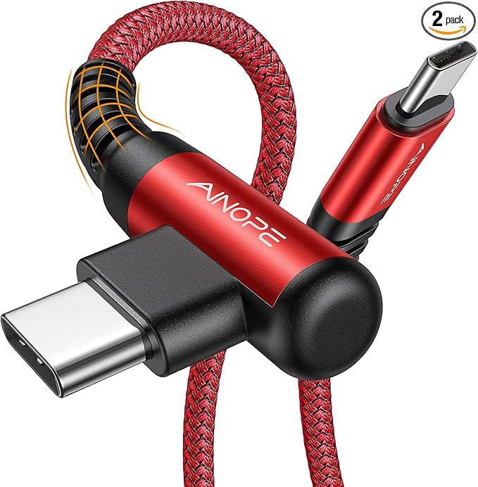 AINOPE USB C Cable 60W 2-Pack 10ft Nylon Braided USB C to USB C Cable Type C Charger Fast Charging Right Angle USBC Cable Charger Cord for iPhone 16 Pro Max 15 Plus Samsung S24 S23 iPad Pro Red