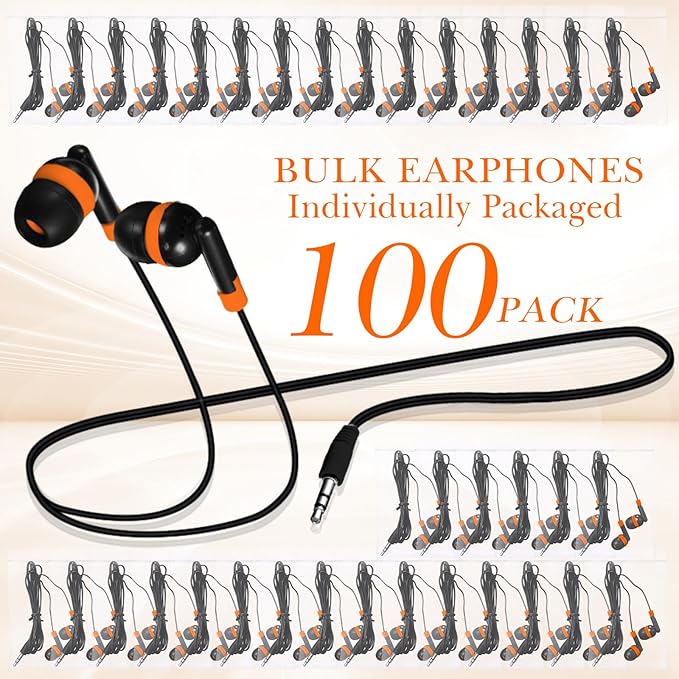 Kanayu 100 Pack Wired Earbuds Bulk for Classroom Ear Headphones Wired Basic Student Earbuds No Microphone with 3.5mm Jack for Kids Class Laptop School Library, Individually Bagged(Orange)