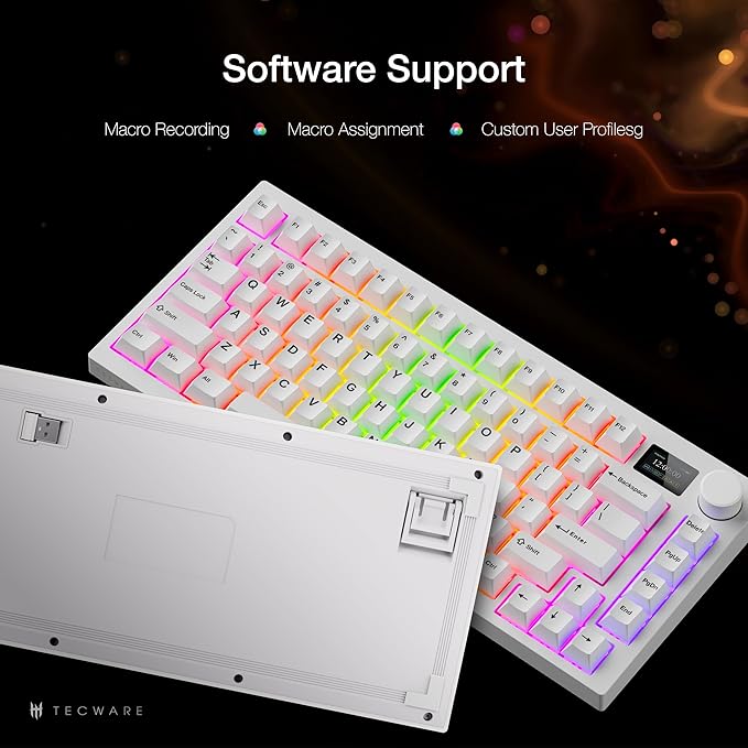TECWARE Spectre 75% RGB Mechanical Gaming Keyboard with Customizable LCD Screen, Multi-Function Knob, Gasket Mount, South Face 5-Pin Universal Hot-Swappable Sockets White Candy Red Switch