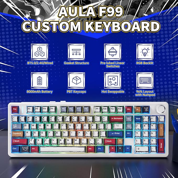 x Aula F99 Pro Mechanical Keyboard, Wireless Gaming Keyboards RGB Backlit Hot Swappable Custom Creamy Bluetooth Computer Keyboard, Tri-Mode BT5.0/2.4GHz/USB-C, Pre-lubed Switches PBT Keycaps