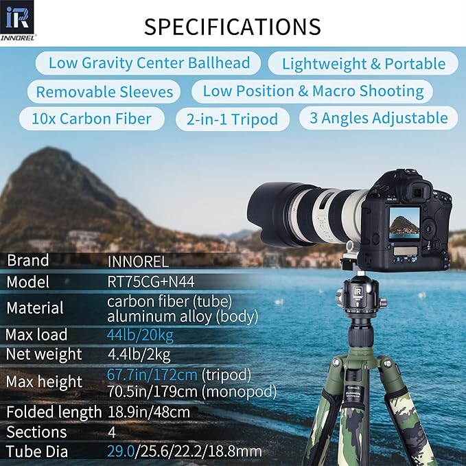 Carbon Fiber Tripod-RT75CG Super Professional Tripod Monopod Heavy Duty Compact Stand Support with 44mm/1.73in Low Gravity Center 360°Panoramic ballhead for Digital DSLR Camera, max Load 20kg/44lb