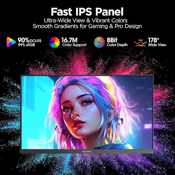 KOORUI 24.5" Gaming Monitor, 200Hz FHD 1080p IPS Display, 1ms, HDR400, 90% DCI-P3, Adaptive Sync, HDMI & DisplayPort, Black (G2511P)