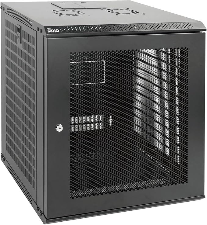 Tecmojo 12U Wall Mount Rack Network Cabinet for 19” IT Equipment,with Lockable Mesh Door and Removable Side Panels,Cooling Fan,Black,17.7inch Deep