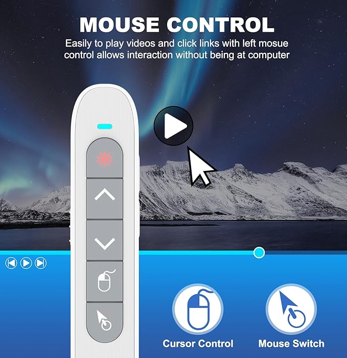 DinoFire Wireless Presentation Remote with Air Mouse White, RF 2.4GZ Rechargeable USB C Slide Clicker for Powerpoint Presentations for Laptop/Computer/MAC