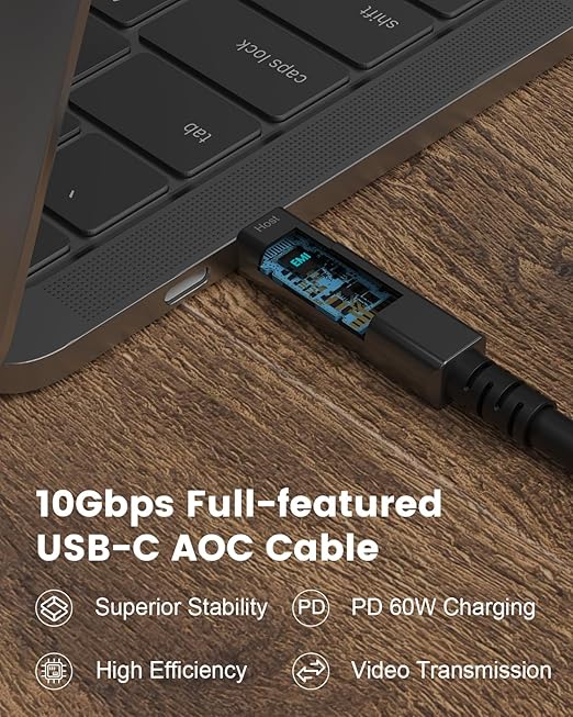 GeoHN.G Full-Featured Fiber Optic USB C to USB C Cable 15M/50FT, 10Gbps 4-Lanes Long Distance USB 3.2 Video Cable with PD 60W for VR Headsets/AR, Webcam, Laptop, Camera, Mini PC and Video Conference