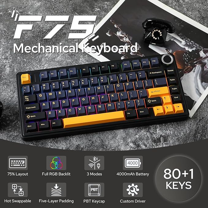 EPOMAKER x Aula F75 Gasket Mechanical Keyboard, 75% Wireless Hot Swappable Gaming Keyboard with Five-Layer Padding&Knob, Bluetooth/2.4GHz/USB-C, RGB (Black, LEOBOG Reaper Switch)