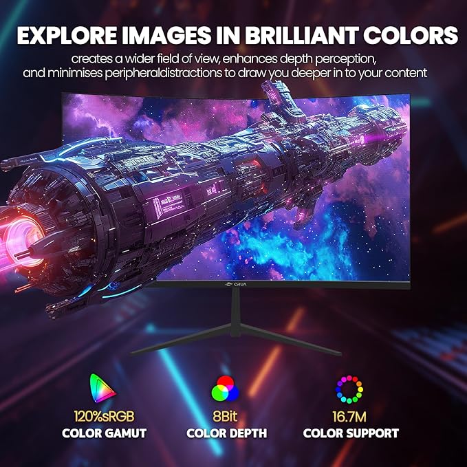 CRUA 32Inch Curved Gaming Monitor, FHD(1920 * 1080P) VA Screen 165Hz/200Hz, 1800R VA Screen, 120% sRGB, Computer Monitor That Support AMD Freesync, HDMI, DP, Wall Mountable Installs-Black
