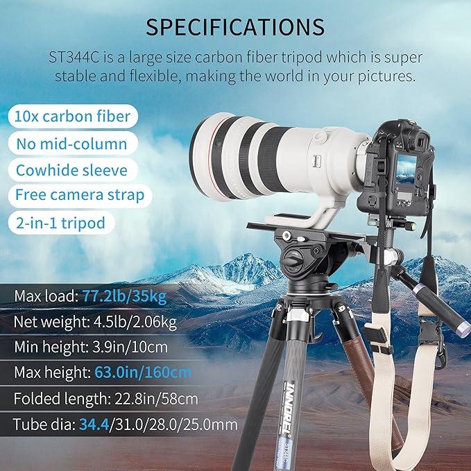 Carbon Fiber Tripod-INNOREL ST344C Professional Heavy Duty Camera Stand with 75mm Bowl Adapter Tube Leg 34.4mm, Max Load 77.2 lbs/35kg,Max Height 63 in/160cm for DSLR Travel Shooting No Mid-Column