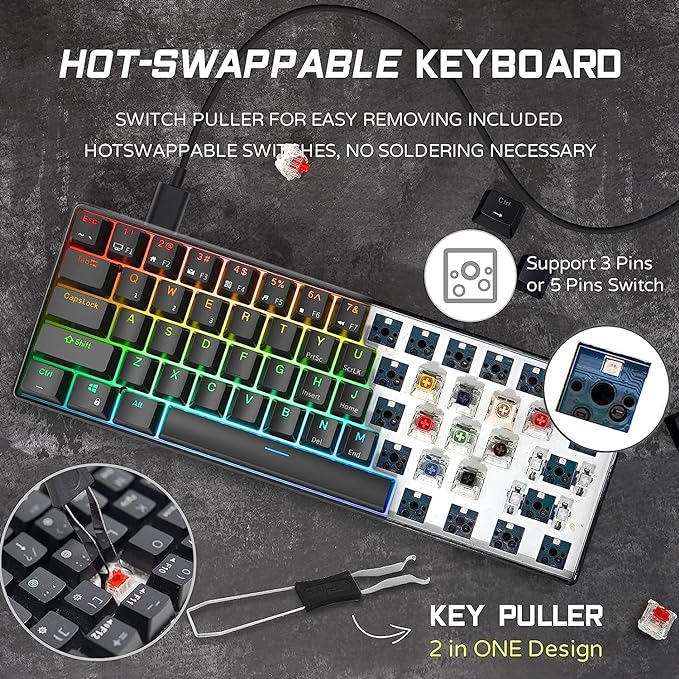 RK ROYAL KLUDGE RK61 Wired 60% Mechanical Gaming Keyboard Programmable QMK/VIA RGB Backlit 61 Keys Ultra-Compact Hot Swappable Red Switch Black