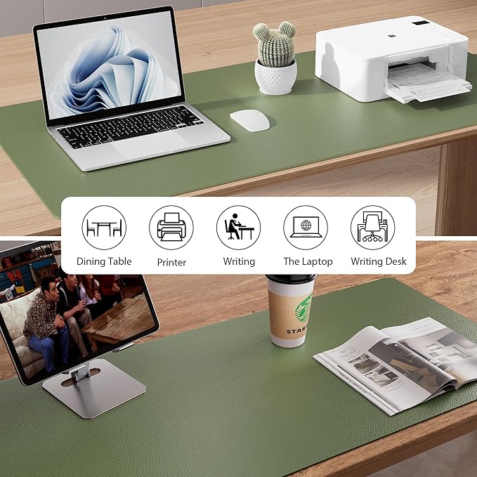 Aothia Leather Desk Pad Protector, Mouse Pad, Office Desk Mat, Non-Slip PU Leather Desk Blotter, Laptop Desk Pad, Waterproof Desk Writing Pad for Office and Home (48"x17", Olive Green)