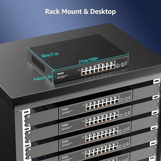 YuanLey 18 Port 2.5G PoE Switch Unmanaged, 16 x 2.5G Base-T PoE Ports, 2 x 10G SFP+, IEEE802.3af/at, 250W, Compatible with 100/1000/2500Mbps, Metal Case, Desktop/Rack Mount 2.5Gbe Network Switch