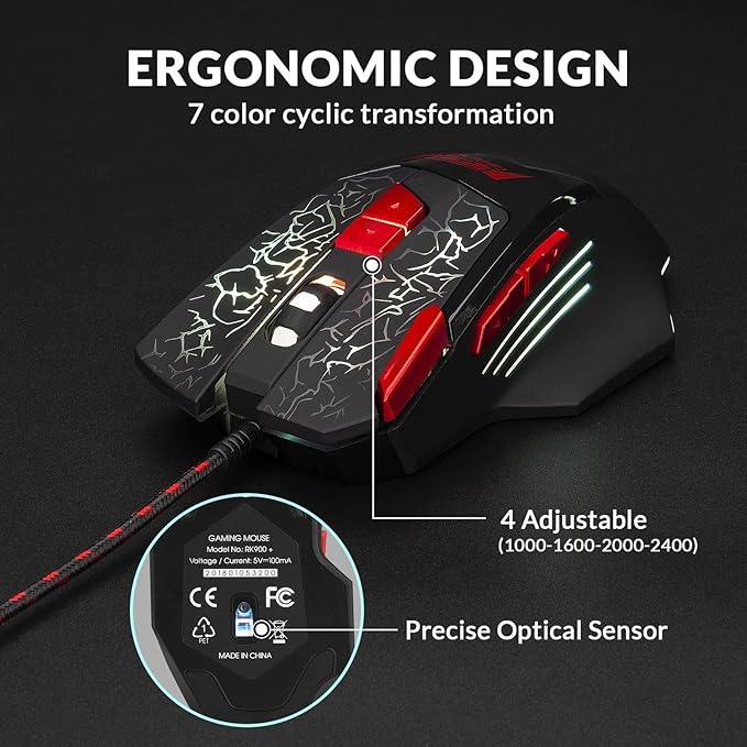 Rii Wired Gaming Keyboard and Mouse Combo,Mechanical Feel Full Size LED Keyboard,RGB 2400 DPI Mice, for Gaming or Working/Office(RK900 Pro)