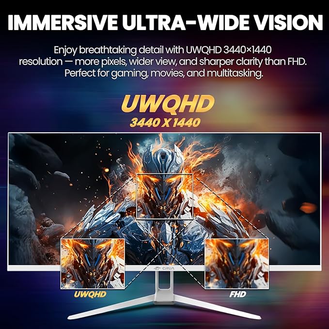 CRUA 34'' White Gaming Monitor, 165HZ/144HZ, WQHD(3440x1440P) IPS UltraWide Screen Computer Monitors with Built-in Speakers, Supports FreeSync, 120% sRGB, HDMI 2.0 & DP 1.4, Wall Mountable Installs