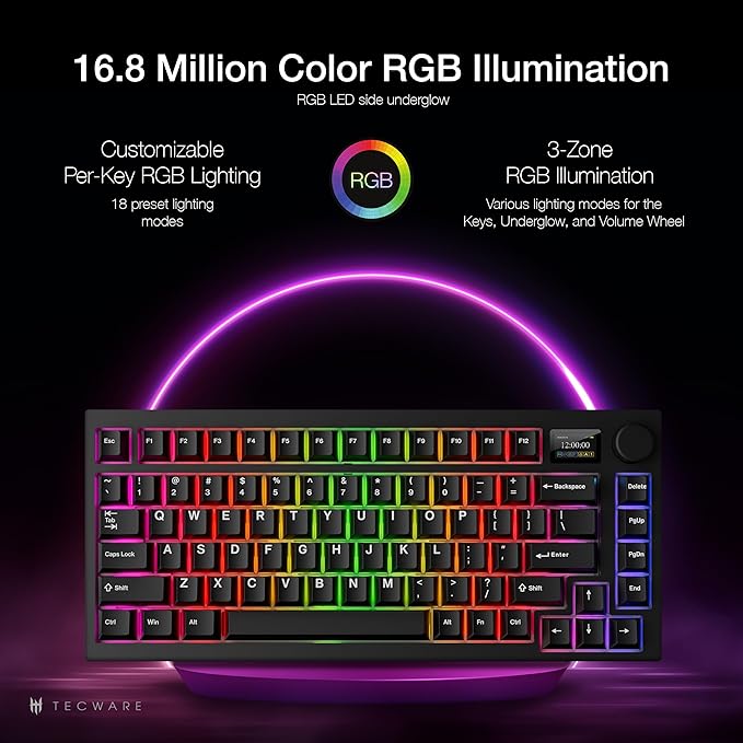 TECWARE Spectre 75% RGB Mechanical Gaming Keyboard with Customizable LCD Screen, Multi-Function Knob, Gasket Mount, South Face 5-Pin Universal Hot-Swappable Sockets Black Cocoa Brown Switch