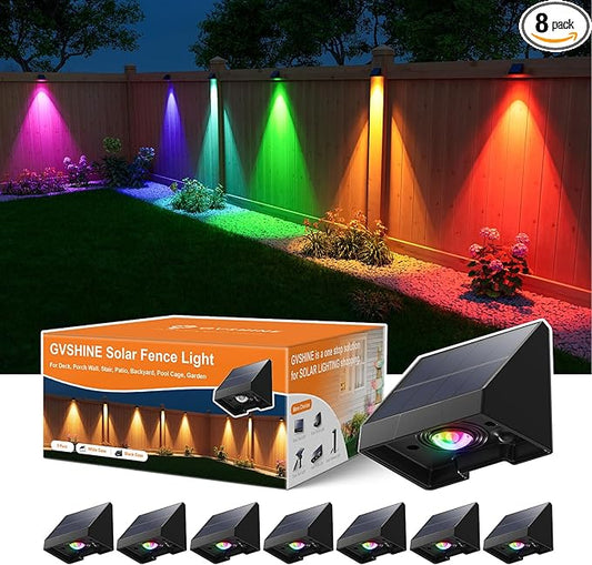 8 Pack Color Changing Solar Powered Fence Lighting Outdoor Decoration LED Waterproof Landscape Down Light for Outside Door, Garden, Balcony, Patio, Railing, Stair, 8 Colorful Modes, Easy 1-Min Mount