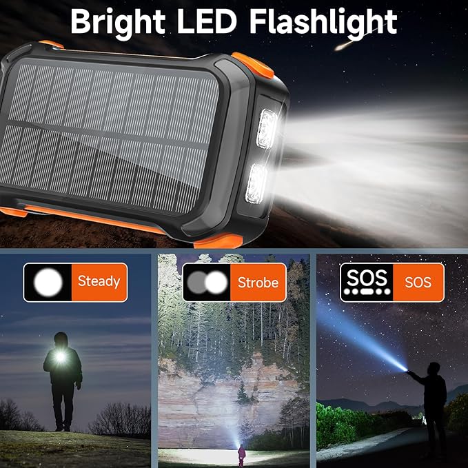 Power Bank 49800mAh Solar Charger 15W Wireless Charging USB-C 22.5W Fast Charging with 4 Built-in Cables LED Flashlight Battery Pack Compatible with iPhone, iPad, Galaxy, Perfect for Camping, Hiking