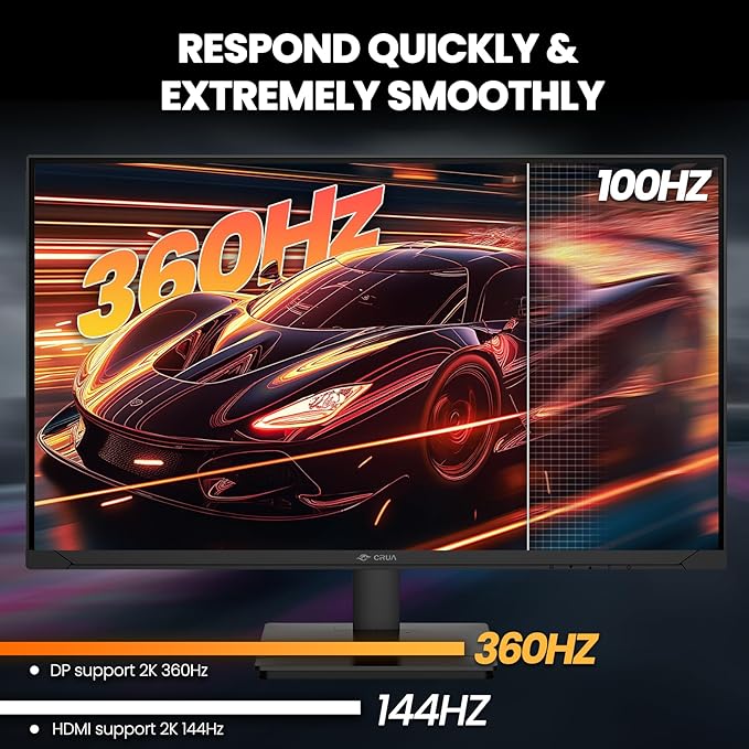 CRUA 27'' Gaming Monitor 360HZ 2k 1440P 120%sRGB IPS Computer Display Screen, Height/Pivot/Swivel/Tilt Adjustable Vertical Monitor Support FreeSync,Built in Speaker, PIP&PBP, DP1.4&HDMI2.1, Wall Mount