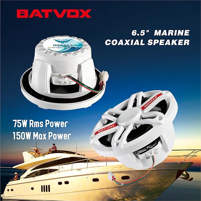 MS65E2 6.5 Inch Marine Speakers with 7-Color LED Lights，2 Way IP67 Waterproof and Weather Resistant Outdoor Stereo Sound System with 300 Watt Max, White (2 Speakers)