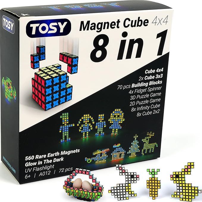 TOSY Magnet Cube 4x4 - 560 Magnets, 70 Blocks, 8 in 1 Toy: Puzzle Cube Game, Creative Building Blocks, Transformable Fidget Spinner, Infinity Cube, Magnet Tiles, UV Flashlight, Glowing STEM/STEAM Toy