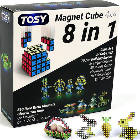 TOSY Magnet Cube 4x4 - 560 Magnets, 70 Blocks, 8 in 1 Toy: Puzzle Cube Game, Creative Building Blocks, Transformable Fidget Spinner, Infinity Cube, Magnet Tiles, UV Flashlight, Glowing STEM/STEAM Toy