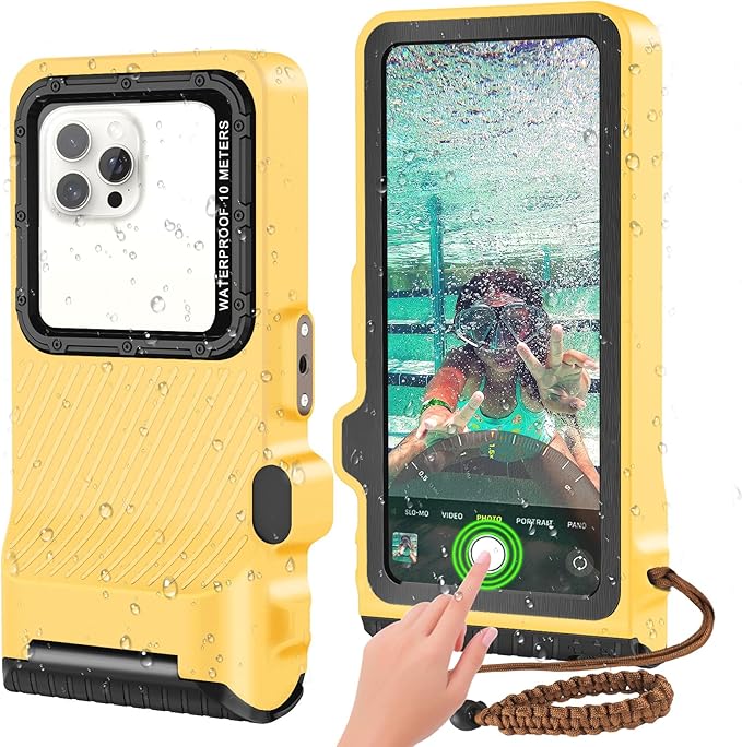 2025 Upgrade Waterproof Phone Case, Diving Snorkeling Swimming Scuba Underwater Touch Screen Photo Video Housing Cover for 17/16/15/14/13/12/11 Pro Max/XS Samsung Galaxy S25/S24/S23/S22 (Yellow Black)