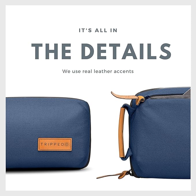 TRIPPED Travel Gear Tech Bag Organizer - Small Electronics Organizer Pouch for Travel - Premium Travel Case with Leather Accents - Mesh Pocket for Cables, Cords and Chargers (Navy)