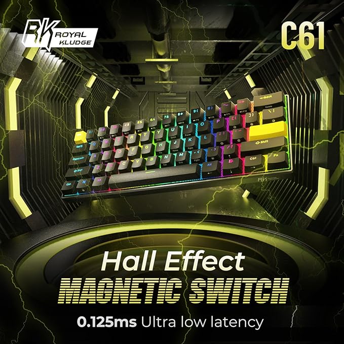 RK ROYAL KLUDGE C61 HE Gaming Keyboard 60% Wired Mechanical Keyboard with Hall Effect Magnetic Switch 8000Hz Polling Rate Rapid Trigger RGB Backlit, 61 Keys, Black Yellow