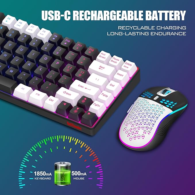 RedThunder K84 Wireless Keyboard and Mouse Combo, Rainbow Backlit Rechargeable Battery, 75% Layout TKL Ultra Compact Gaming Keyboard & Lightweight 3200 DPI Honeycomb Optical Mouse (Black-White)
