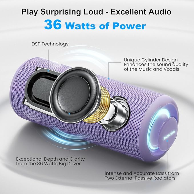 MIATONE Portable Bluetooth Speaker 36W Stereo Sound Bass Boost, 24H Playtime, Bluetooth 5.3 TWS Pairing Girl Friend Gifts for Woman(Purple)