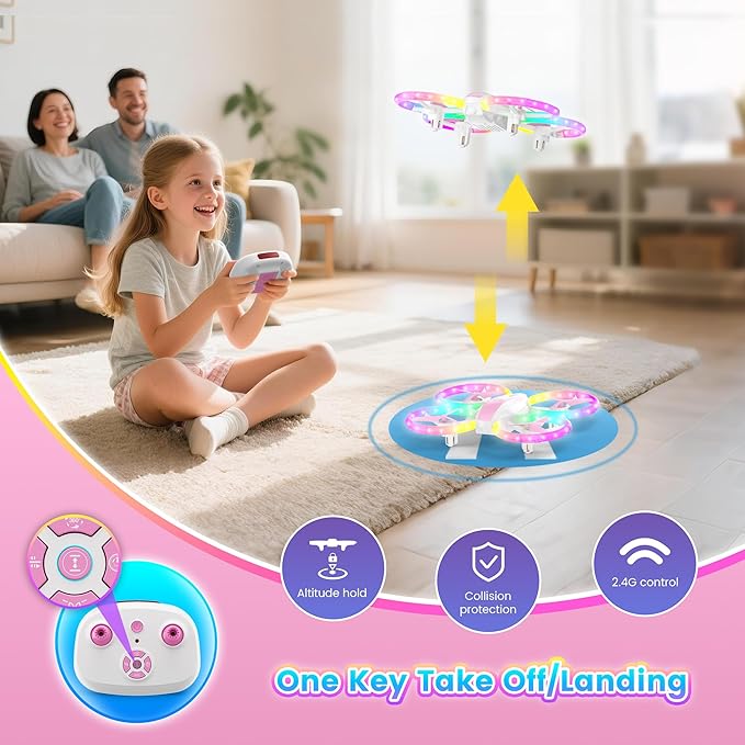 Mini Drone for Girls and Beginners with Fancy LED & Altitude Hold,Birthday Gift for Kids 8-12,Pink RC Drone with Propeller Protection,360°Flips,3 Speed Mode,Indoor Outdoor RC Quadcopter Toy