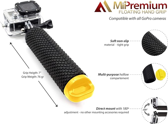 Waterproof Floating Hand Grip Compatible with GoPro Hero 12 11 10 9 8 7 6 5 4 3+ 2 1 Session Black Silver Camera Handler & Handle Mount Accessories Kit for Water Sport and Action Cameras (Yellow)