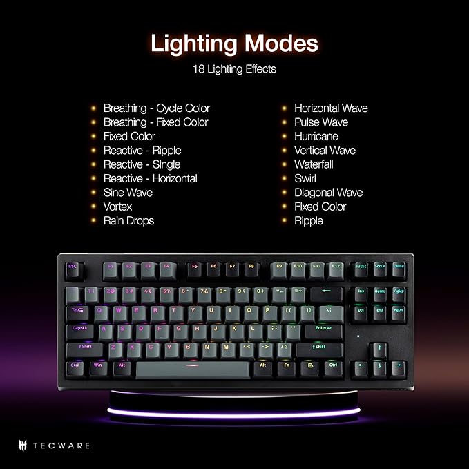 TECWARE Phantom+ Elite 87 Key RGB Mechanical Gaming Keyboard, LED Backlit, Universal Hot-Swap, Wired and Wireless, 3 Mode Connectivity, Thocky Sounding, Black Elite Wraith Brown