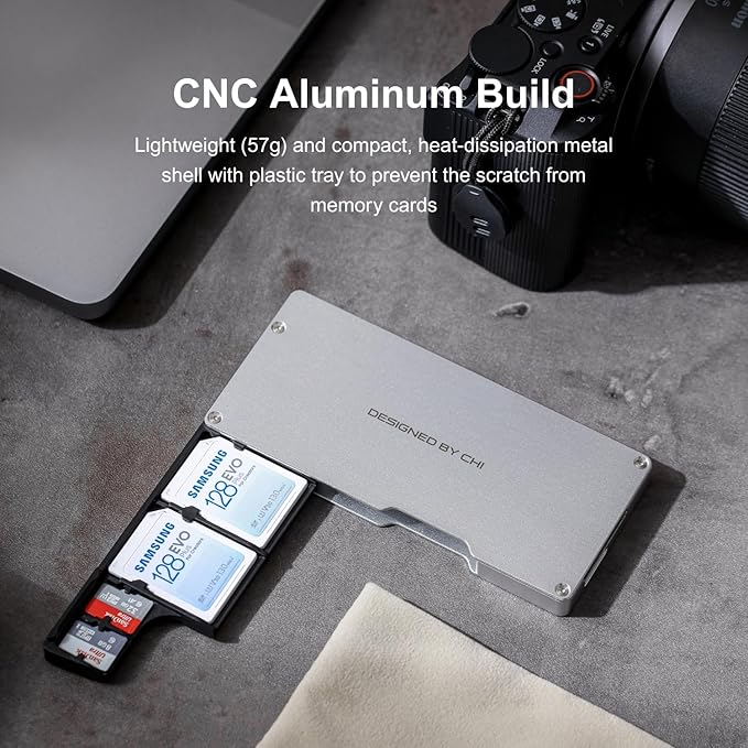 CHI Ranger Air High Speed SD Card Reader & Storage Case Holder for SD/TF/Micro SD Cards - Aluminum Dual Reader with USB-C 3.2, Type-C UHS-II for Smartphone, Computer, Pad, Drone and Actions Cameras