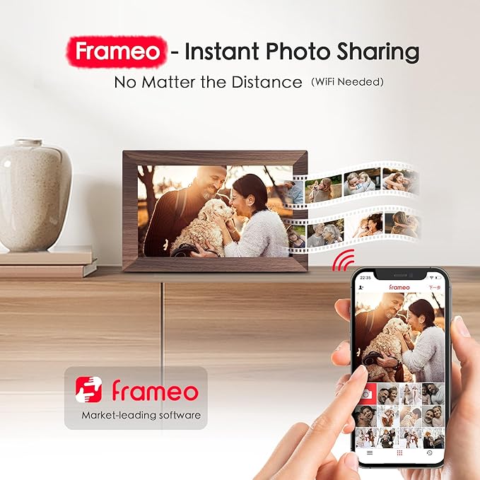 Digital Picture Frame, 10.1 inch Frameo Digital Frame WiFi, 1280 * 800 IPS HD Touchscreen, 32GB Storage, Instant Share Pictures Video, Smart Photo Frame Electronic, Gifts for Mom, Grandma, Woodgrain